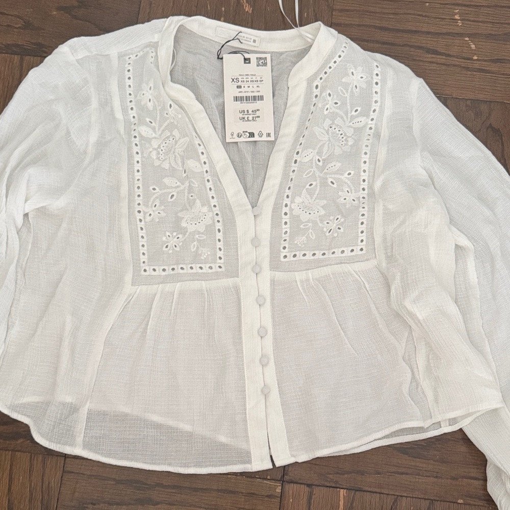 Zara White Embroidered Blouse